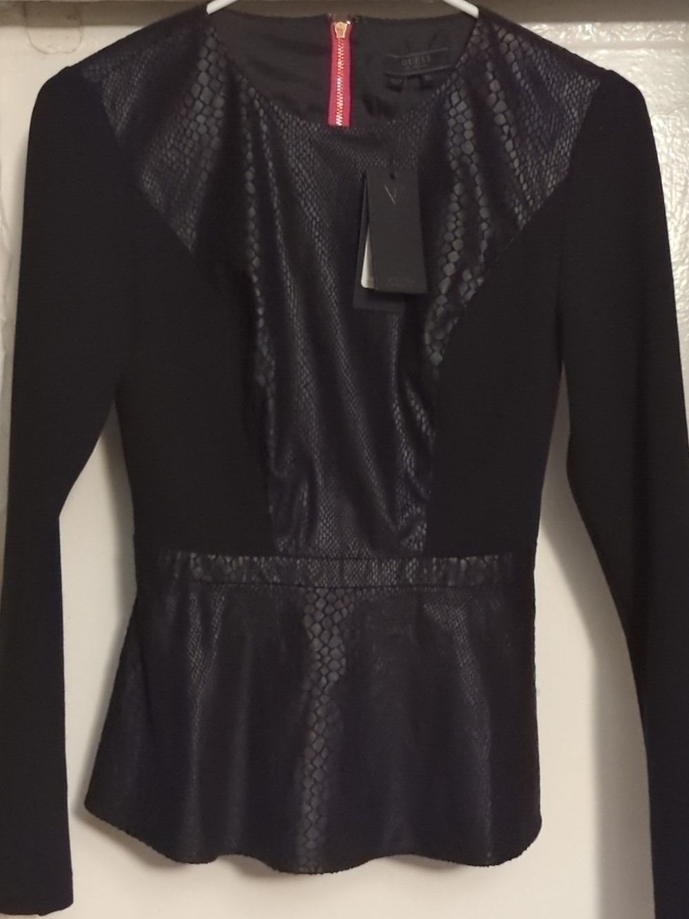 Guess Black Long-Sleeve Snake-Embossed Peplum Top